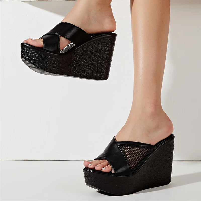Hollow Out Breathable Mesh Women's Wedge Slippers Platform Sandals Black High Heels