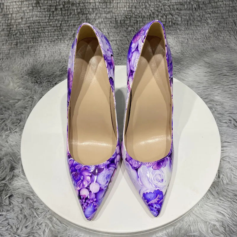 Women Gloossy Floral Printed Pointed Toe High Heels