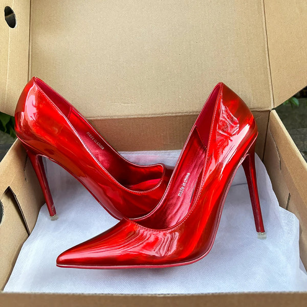 All Red Women Sexy 12cm Pumps Stilettos Glossy Patent Shiny Red High Heels