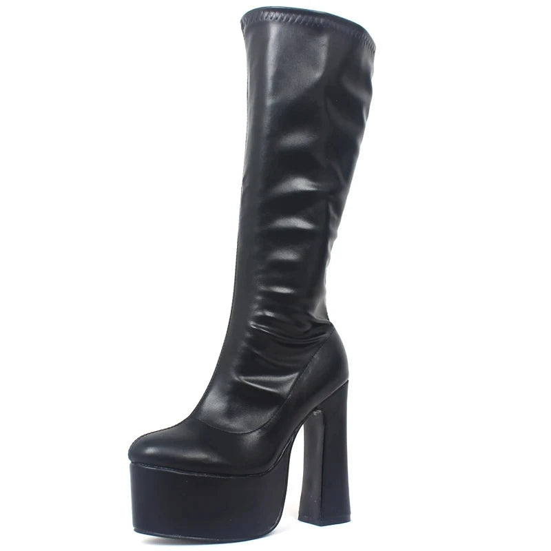 Women Knee-high Boots 15CM High Chunky Heel Platform Punk Gothic Fashion Sexy  Boots
