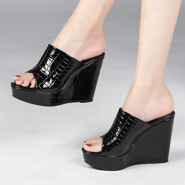 Women Platform Mule Crocodile Print Wedges 12cm Slip On Slides High Heels Pumps