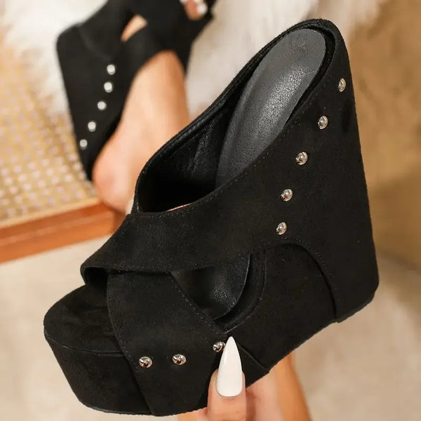 Fashion Black Design Rivet Open Toe Woman Slippers Super Wedge Platform High Heels