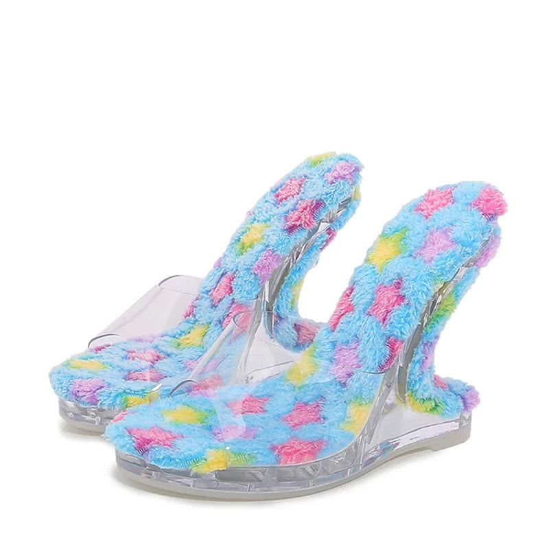 PVC Transparent Slippers For Women Short Plush Insoles Summer Sandals