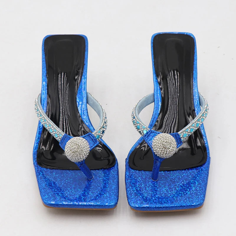 Fashion Glitter Rhinestones Women Transparent Low Heels Slippers Crystal Strap Sandals