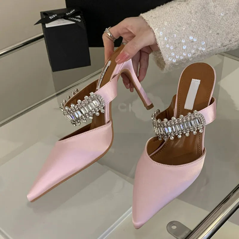 Rhinestones Satin Women Pumps Slippers Elegant Pointed Toe High Heels