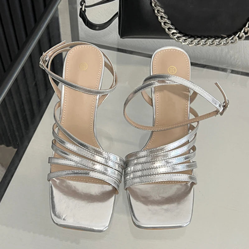 New Summer  Golden Silver Square Toe Sandals Women