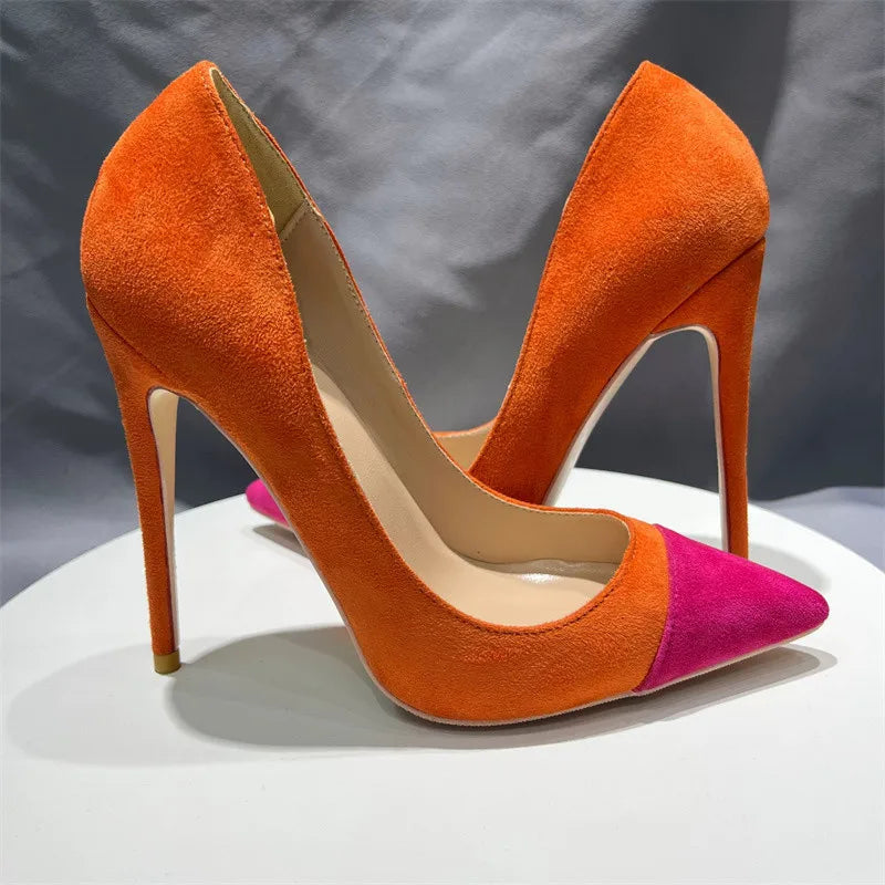 Orange Purple Patchwork Women Flock Pointy Toe 8-12cm High Heel Shoes