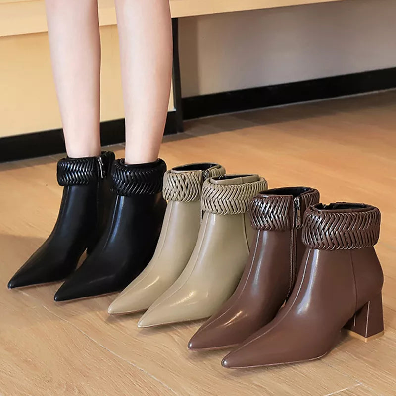 New Designer Weave Women Boots Pointed Toe Chunky Heel Ankle Boots Side Zip Ladies Booties
