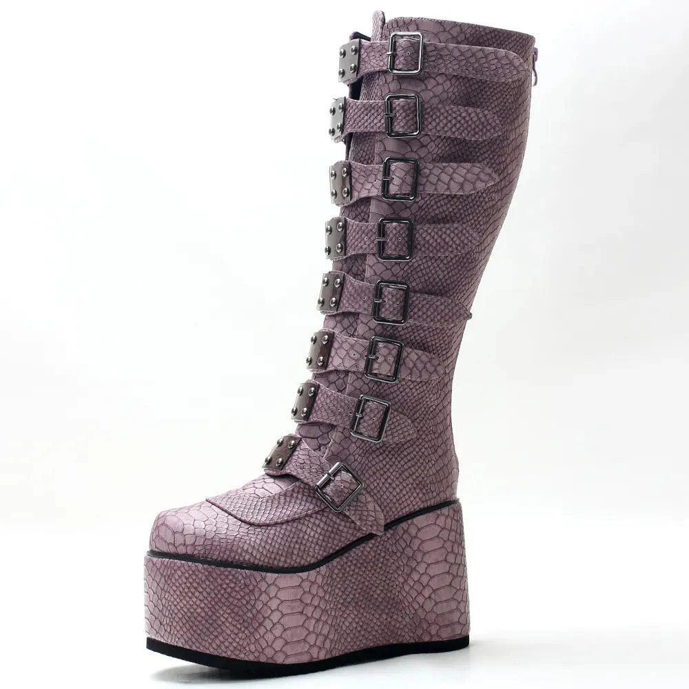 Retro Goth 11CM High Heel Fashion Punk Belt Buckles Serpentine Pattern Women Knee-High Boots