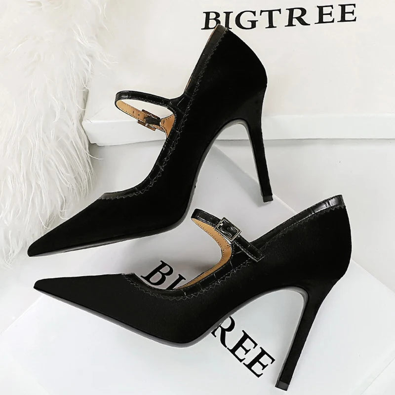 Design Buckle Women Pumps Suede High Heels Ladies Shoes Elegant Luxury Stilettos Ladies Heels