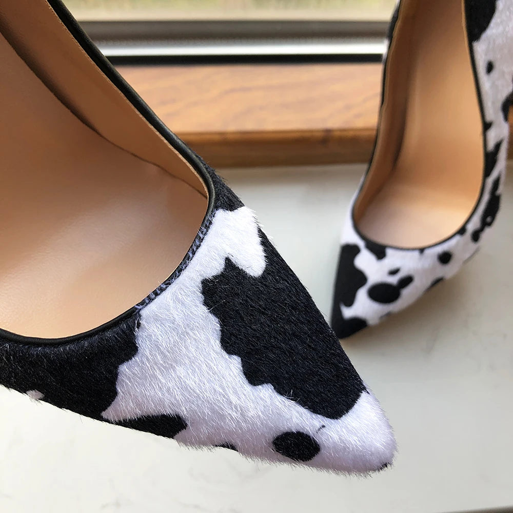 Cow Print Women White Hairy Flock Pointy Toe High Heel Shoes