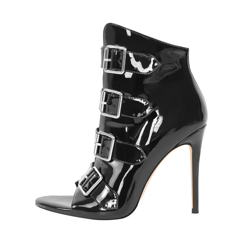 Black Patent Leather Peep Toe Buckle Strap Ankle Boots