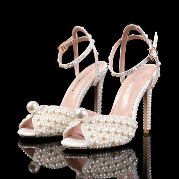 New Pearls Studs Luxury Peep Toe High Heels Buckle Woman Sandal