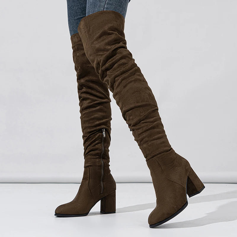 Autumn Winter Black Brown Over The Knee Boots Women Sexy Pointed Toe Zip Thigh High Shoes