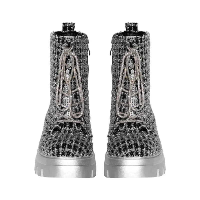 Sliver  Platform Ankle Boots Round Toe Handmade Female Lace UPBoots