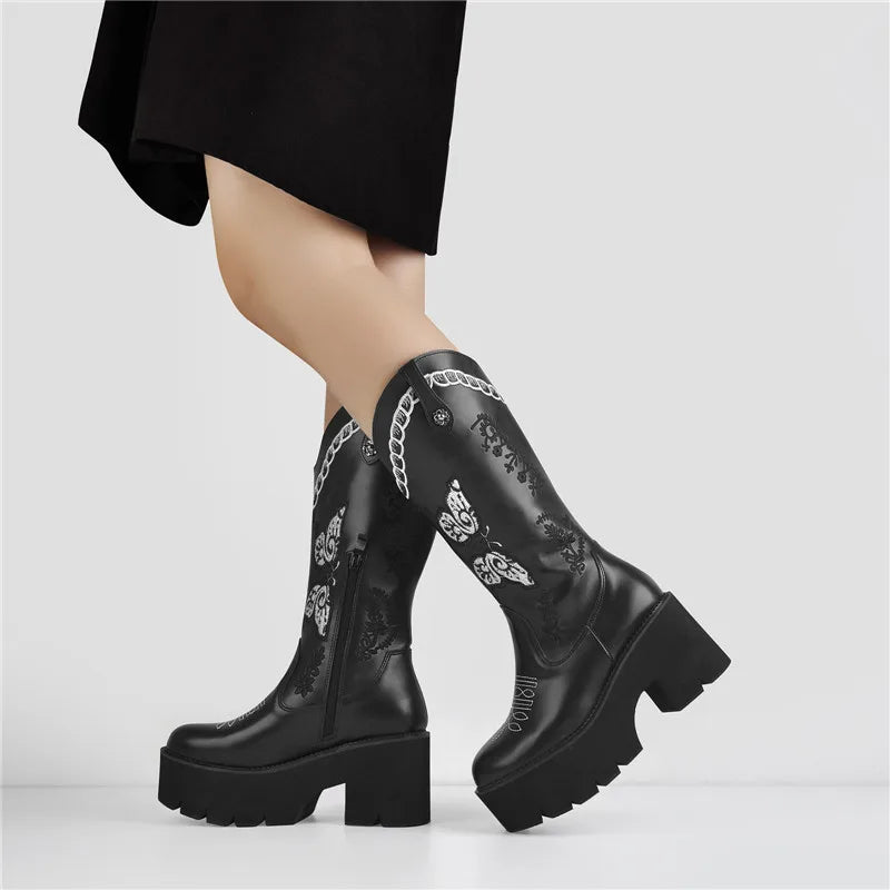 Black Platform Thick Heel Embroidery Western Mid-Calf Boots