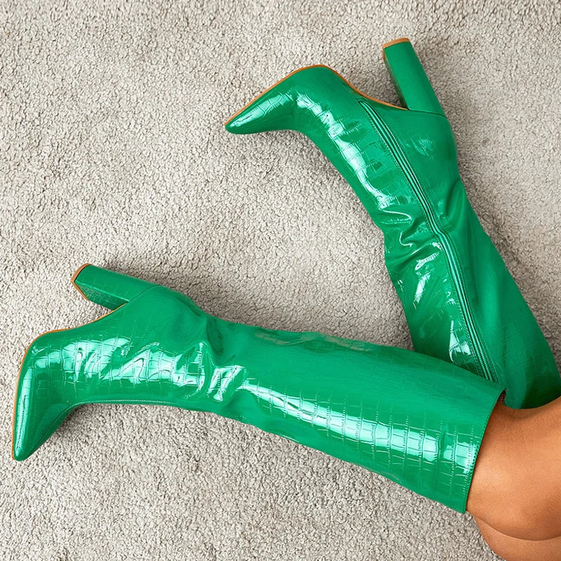 Sexy Green Snake Print Leather Knee High Boots Women Square Heels Winter Long Shoes