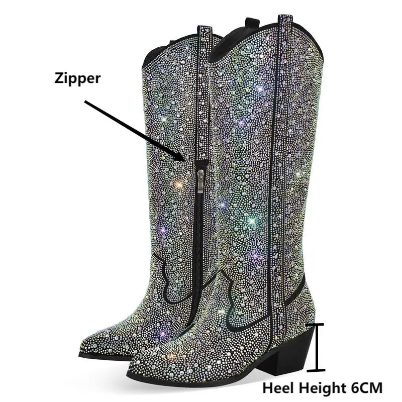 Rhinestone Black Knee High Boots Western Cowboy Booties