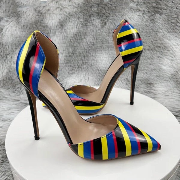 Striped hollow high heels Women Striped Print High Heel Party Shoes