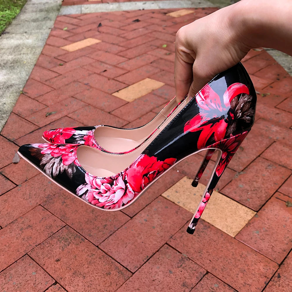 Women Gloossy Floral Printed Pointed Toe High Heels