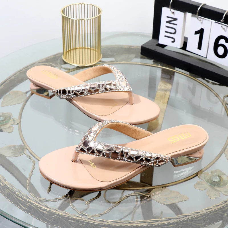 summer wear clip toe low heel rhinestone women's slippers