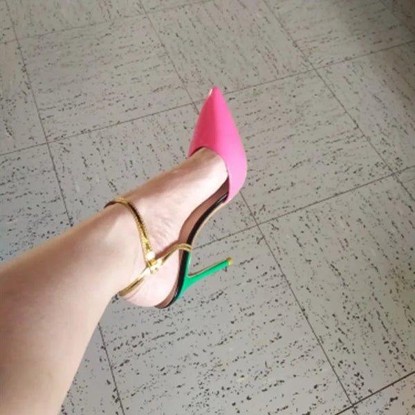 Women's12cm sexy Fuchsia color blocking one line with High Heels