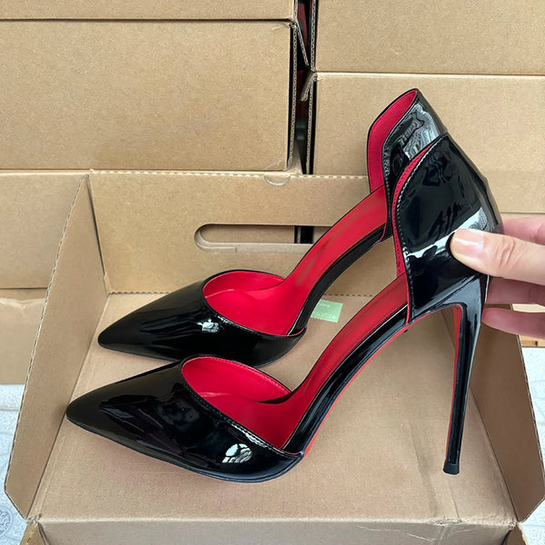 Woman D'Orsay High Heels Balck Patent Leather Pointed Toe Red Inside Stilettos