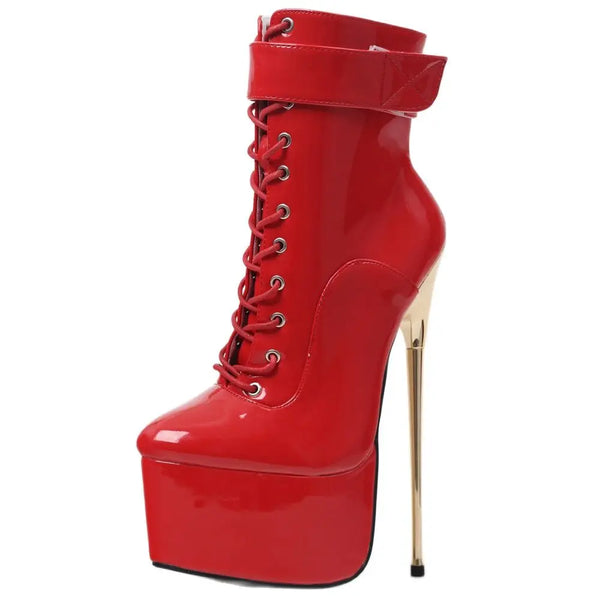 New Sexy Women Ankle Boots 22CM Super High Heel Platform Cross-tied Zipper Leather Booties Shoes