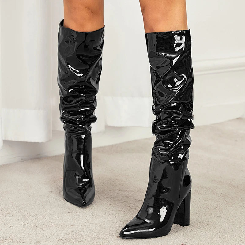 Fashion Cozy White Pleated Patent Leather Knee High Boots Autumn Winter Women Shoes