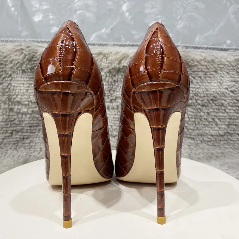 Coffee Brown Crocodile Women Sexy 12cm High Heels Party Shoes