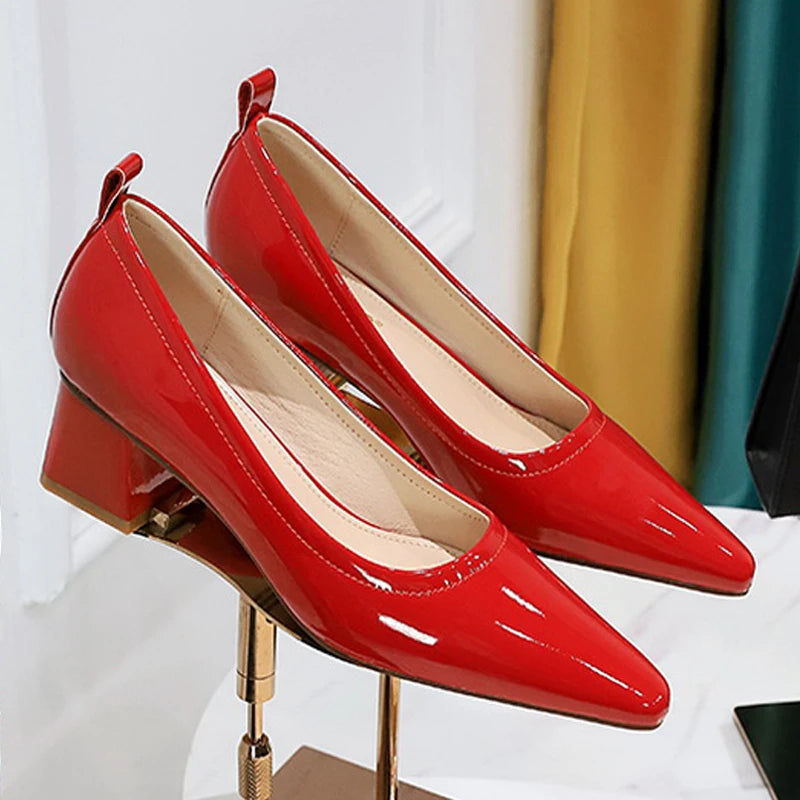 New Mid Heel Shoes Patent Leather Women Pumps Pointed Professional OL Women's Shoes