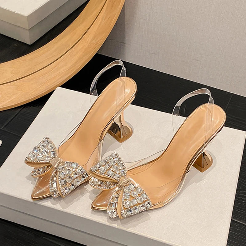 PVC Sexy Crystal Bowknot Pointed Toe  Slingback High Heels