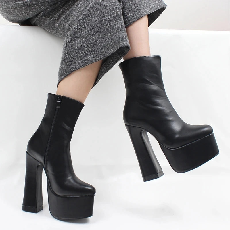 Ankle Boots 15CM High Block Heel Platform Quality Female Fashion Short Boot Black Chunky Heel Women