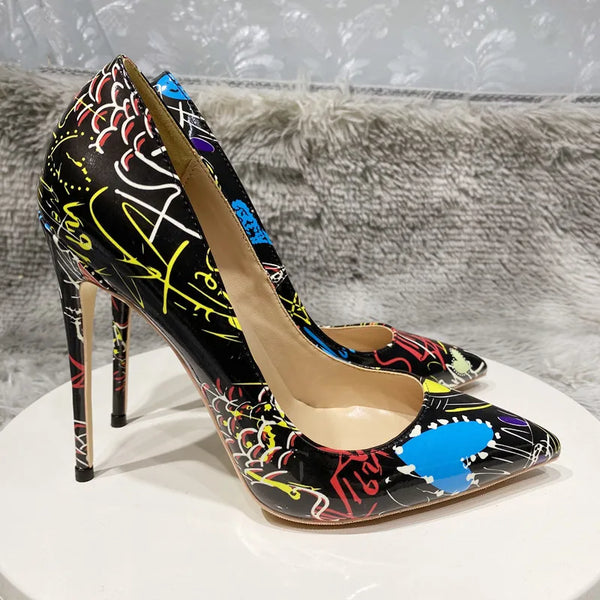 12cm Women's art graffiti high heels, sexy black needle pointed high heels