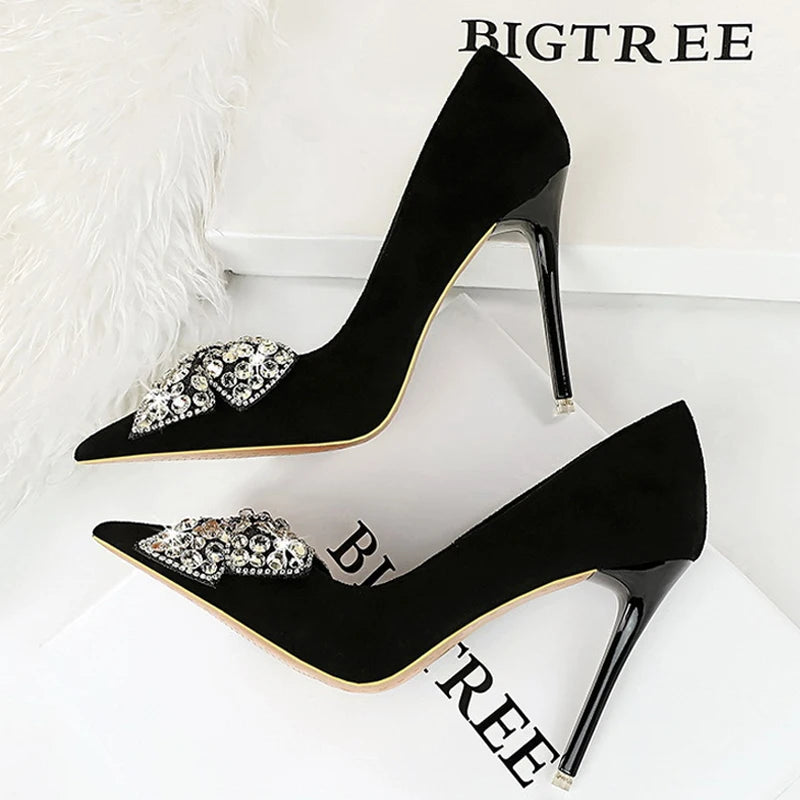 High-quality Woman Pumps Rhinestone Bowknot High Heels Sexy Party Shoes