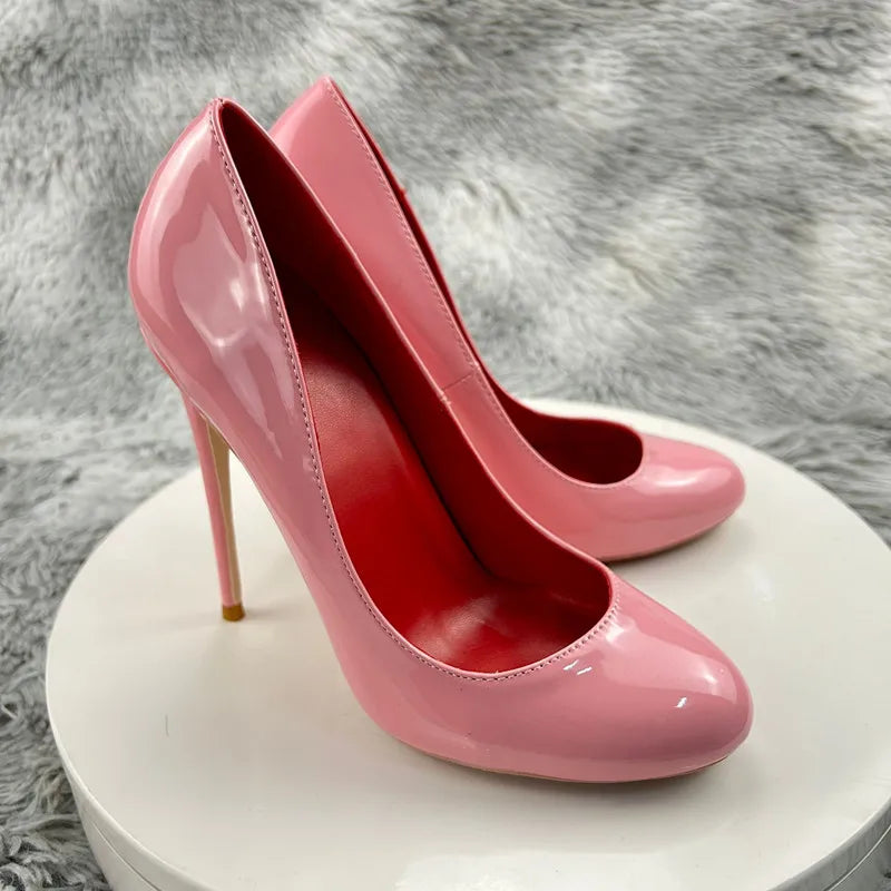 Glossy Pink Women Round Toe High Heel Shoes