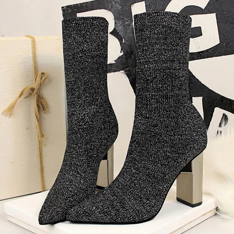 Women Elastic Sock Boots Metal Block Heel Women Boots Sexy High-heel Boots