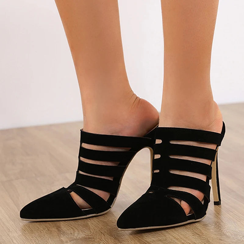 Fashion Pointed Toe Slip On Mules Woman Pumps Slippers Black High Heels