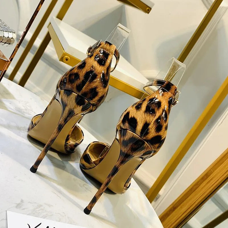 Fashion 12cm sexy leopard stripe sandals female leopard print gladiator sandals