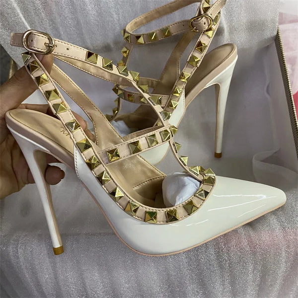 sandals high heel rivets  white wedding shoes