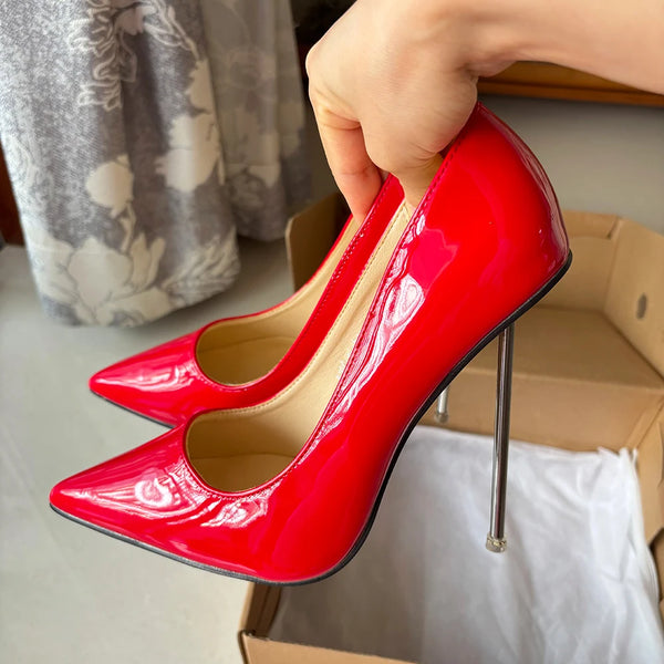 Women Metal Pumps Stilettos Thin High Heels Shiny Red Ladies Party  Shoes