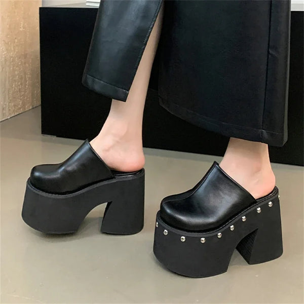 Street Style Rivets Platform Women Slippers Sexy Thick Bottom High Heels Mule Slide Shoes