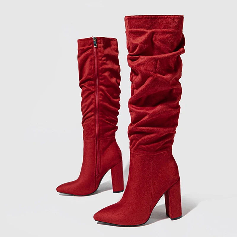 Fashion Design Pleated Knee High Boots Women Autumn Winter Square Heels