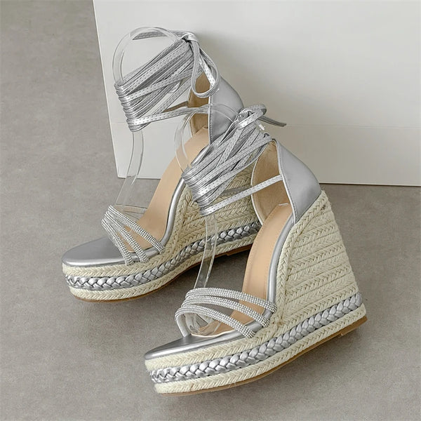 Gladiator Solid Platform Wedges Sandals Female Summer Ankle Lace-up High Heels