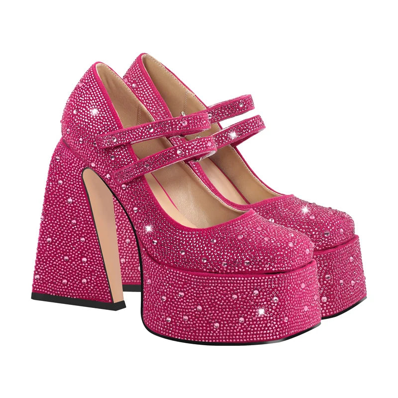 Women Platform Pumps Mary-Jane Rhinestone Chunky High Heels