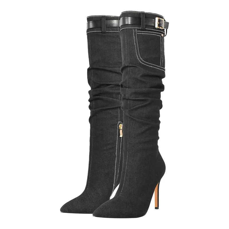 Pointed Toe Denim Knee High Boots Side Zipper Stiletto Fashion Thin Heel Boots