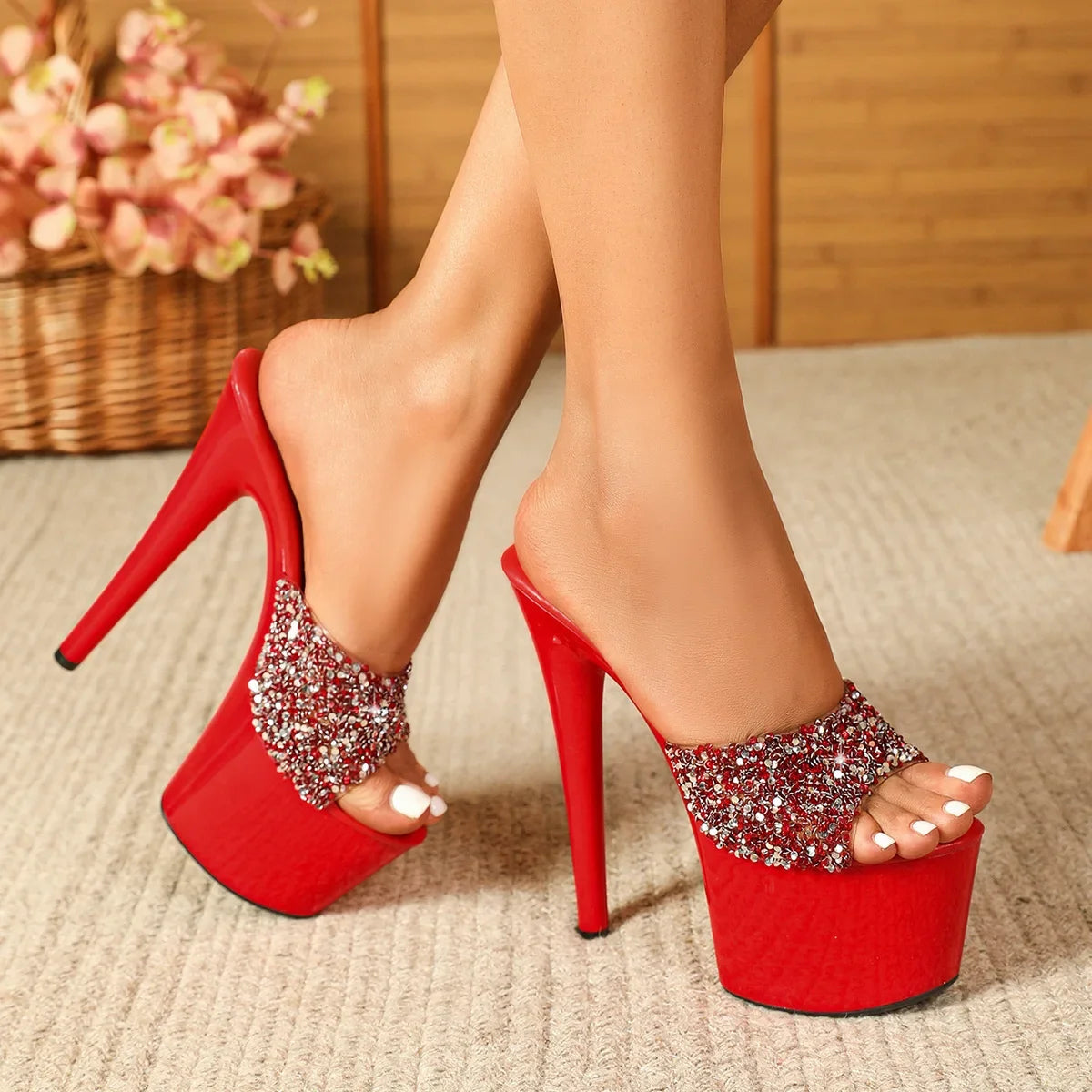 Summer Sequins 17CM Thin High Heels Slippers Party Bling Platform Sandals