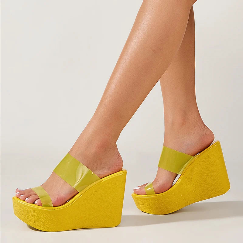 Yellow Wedges Shoes For Women Designer Slides Fashion Open Toe Platform High Heels
