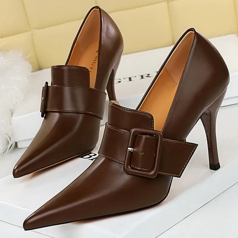 New Pointed Shoes Women Pumps Belt Buckle Decoration High Heels Pu Leather Shoes