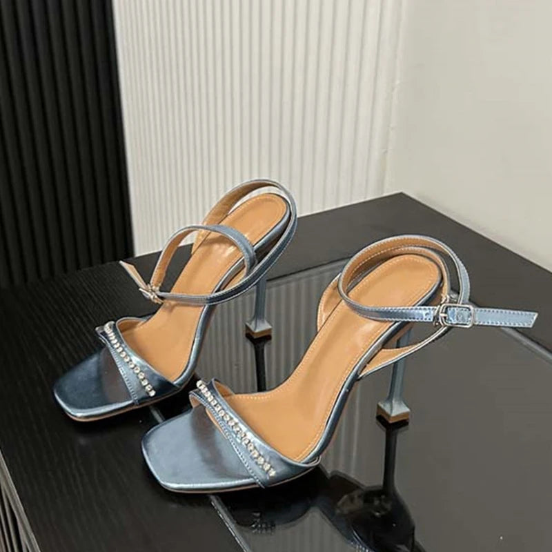 New Design Crystal Rhinestone Sandals Women Fashion Square Toe Strange Thin High Heels